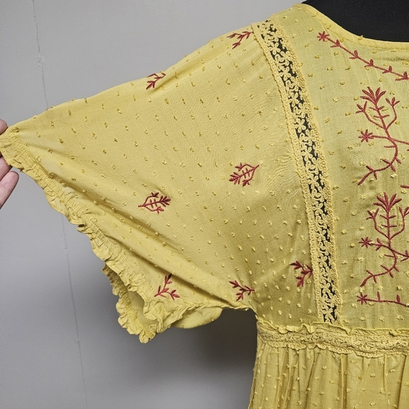 Entro Butter Yellow Red Boho Loose Lined Tunic Midi Dress Embroidered Vacation - Picture 3 of 8